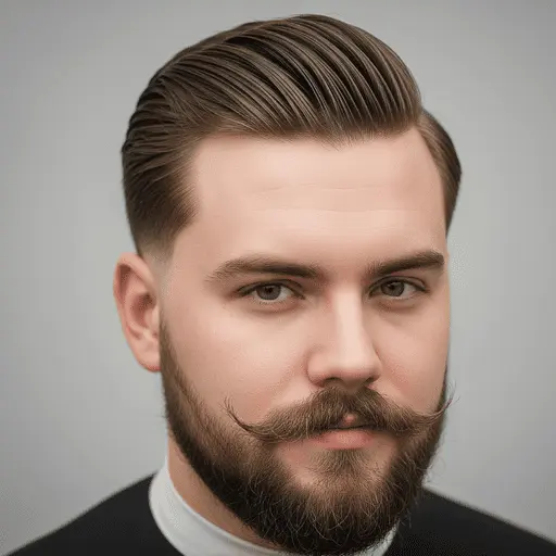 A close-up portrait of a man with slicked-back, neatly styled hair and a well-groomed beard, showcasing one of the ideal men hairstyles for round face, set against a soft, neutral background.