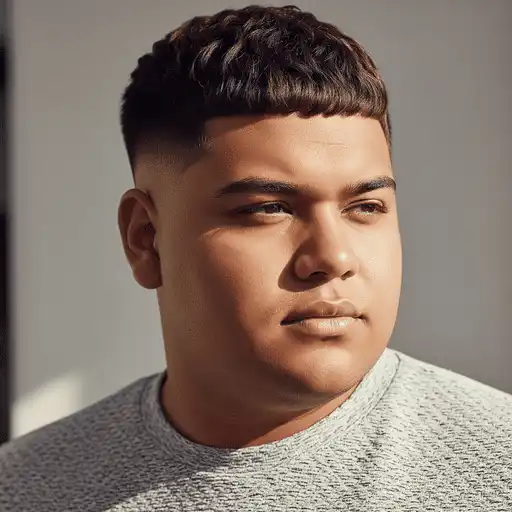 A young person with a textured, short haircut styled to suit men hairstyles for round face, wearing a light gray sweater and standing against a soft, neutral background.
