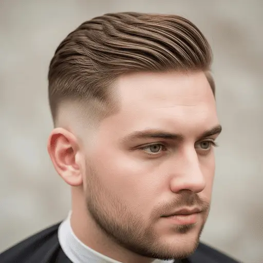 A man with stylish, slicked-back hair and a faded haircut, showcasing one of the modern men hairstyles for round face shapes, wearing a black cape against a neutral background.