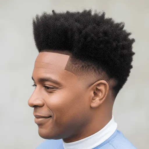 A young person with a high, textured afro styled as one of the men hairstyles for round face, wearing a light blue shirt and a white turtleneck, against a blurred background.