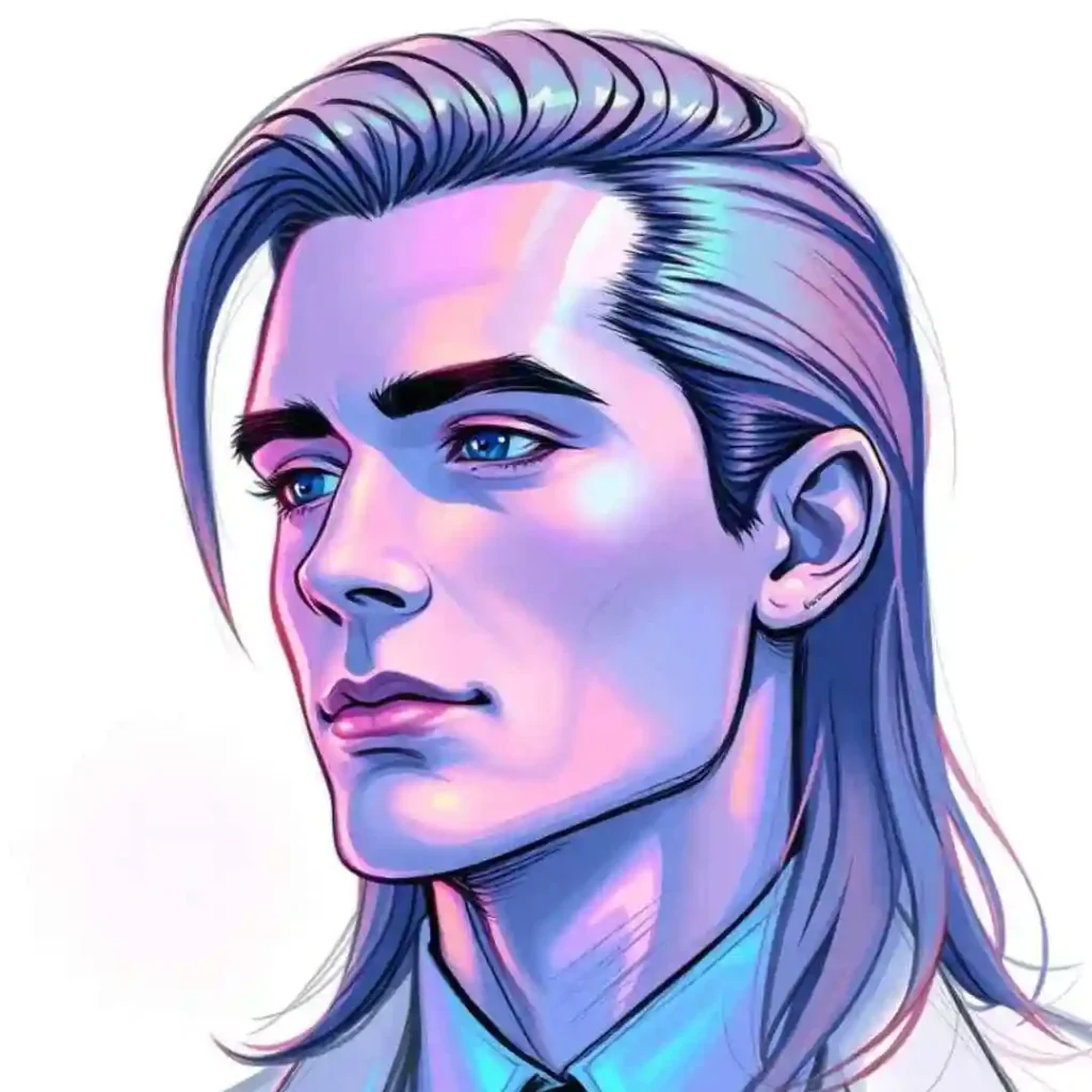 Long Hair Styling for Men.. Creative Hairstyles And Ideas 6 A stylized illustration of a person showcasing Long Hair Styling for Men, with long, sleek hair in pastel colors, wearing a collared shirt against a plain background.