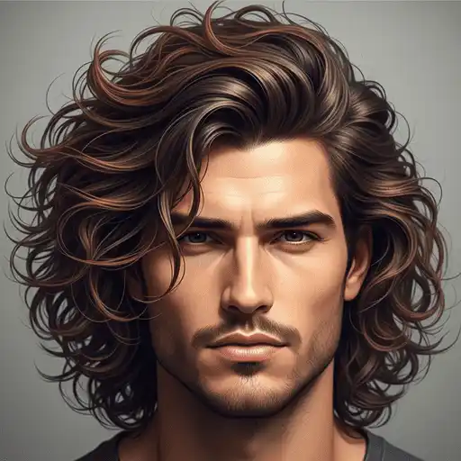 A person with voluminous, wavy, shoulder-length hair styled in soft, cascading curls—an example of thick hair for men—set against a plain background.