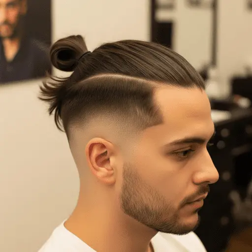 A stylish haircut featuring a top knot with faded sides, ideal for men hairstyles for round face, set in a modern barbershop environment.