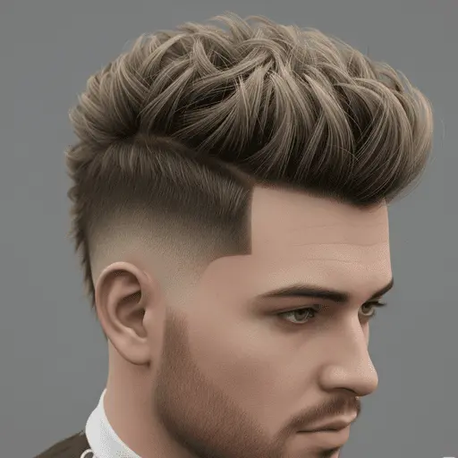 A close-up of a stylish hairstyle featuring textured, voluminous strands on top, seamlessly blended with a faded undercut—an ideal example of men hairstyles for round face shapes.
