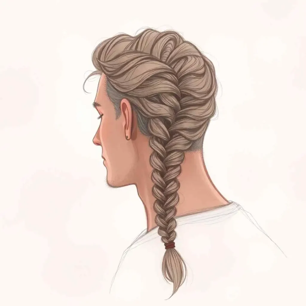 Long Hair Styling for Men.. Creative Hairstyles And Ideas 7 A detailed illustration of Long Hair Styling for Men, featuring an intricately braided hairstyle in a brownish-blonde color, tied with a hairband at the bottom.