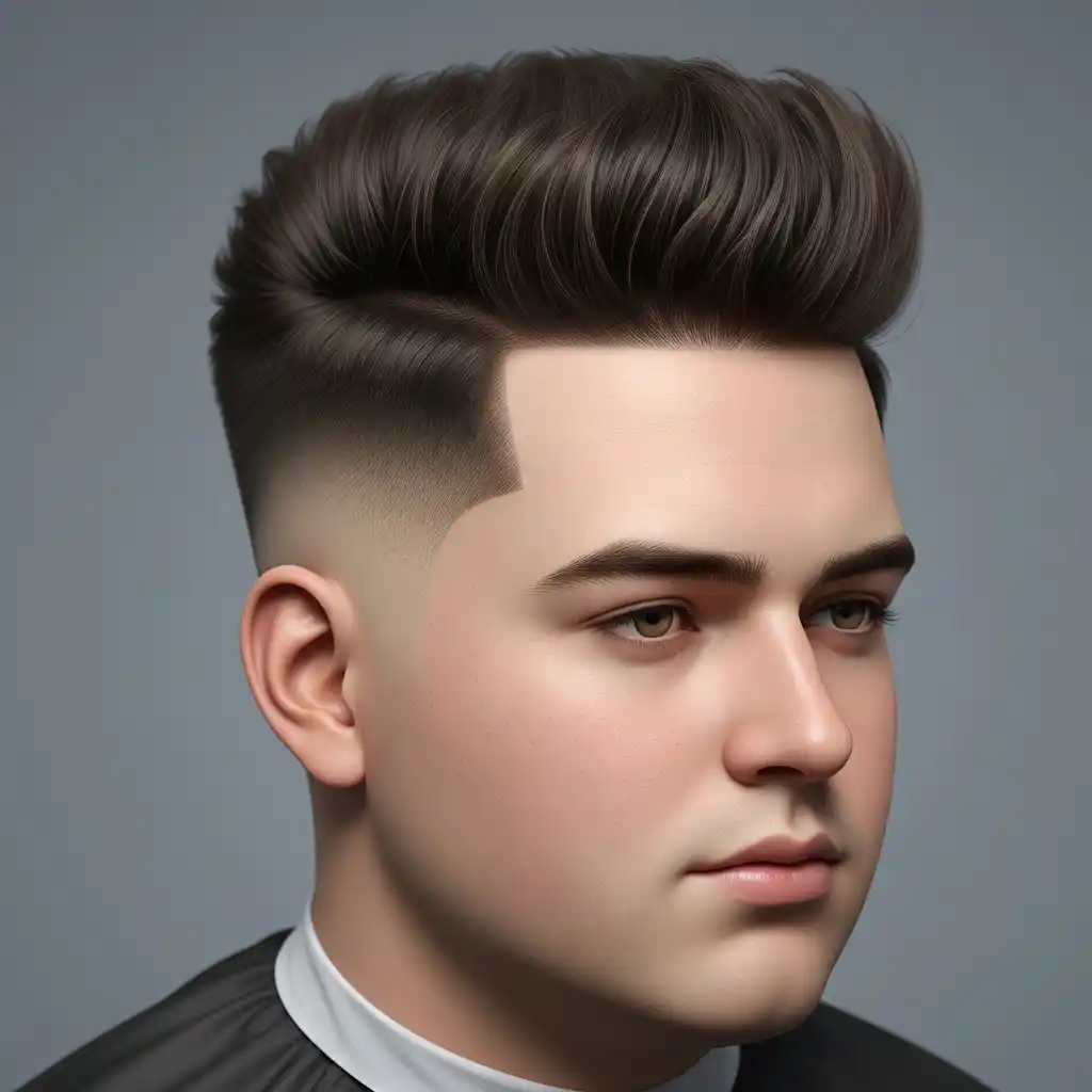 50+ Top Men Hairstyles for Round Face 7 A close-up of a stylish haircut featuring voluminous, textured hair on top with a faded undercut, ideal for men hairstyles for round face, set against a gray background.