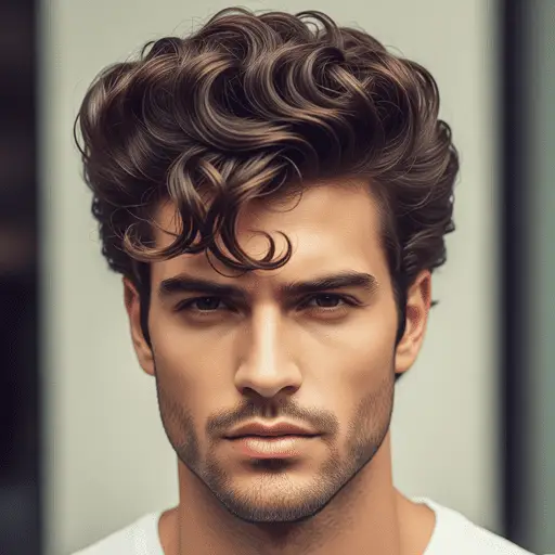 A person with voluminous, wavy, shoulder-length hair styled in soft, cascading curls—highlighting a stylish option for thick hair for men—against a plain background.