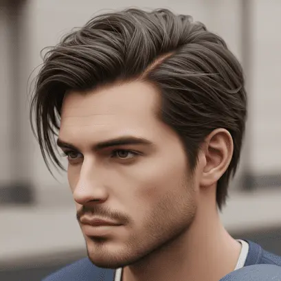 Men’s Medium Length Hairstyle 7 A young man with a stylish, tousled dark haircut, showcasing a popular men's medium length hairstyle, stands against a soft-focus urban backdrop, highlighting his fashionable appearance.