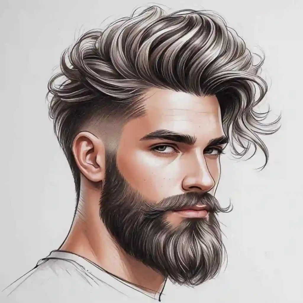15 Best Wavy Hairstyles for Men 8 A close-up illustration of a male showcasing men Wavy Hairstyles, with voluminous, wavy hair styled upward, featuring intricate strands and a sleek fade.