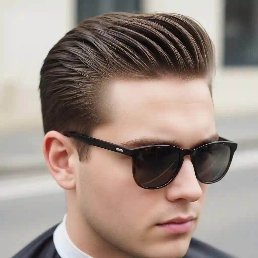 50+ Top Men Hairstyles for Round Face 8 A close-up of a stylish man with sleek, voluminous hair, showcasing one of the trendy men hairstyles for round face, wearing dark sunglasses and set against a blurred outdoor background.