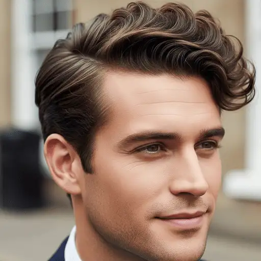 A stylish hairstyle featuring soft, wavy layers—perfect for showcasing thick hair for men—accompanied by a classic suit jacket in an outdoor setting.