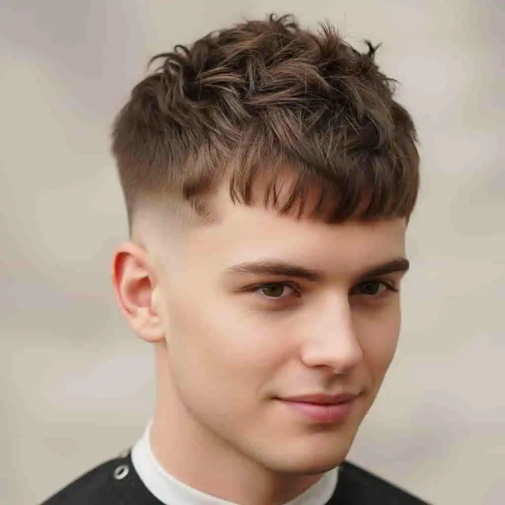 A young man with stylish, tousled hair and a short fade, showcasing one of the popular men hairstyles for round face, wearing a black hairdressing cape against a soft, neutral background.