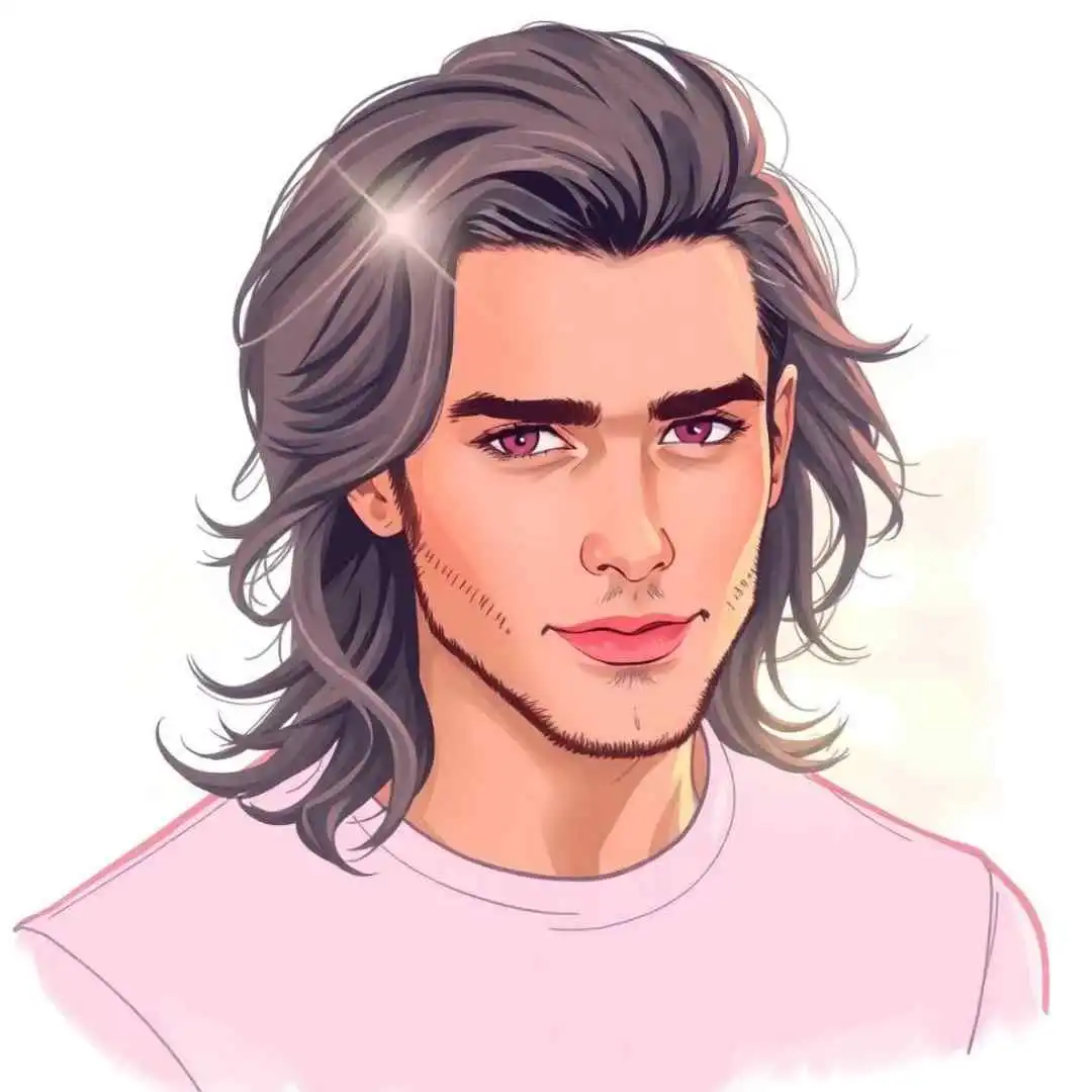 A young person showcasing long hair styling for men, with flowing, wavy hair and wearing a light pink shirt, set against a soft, white background.