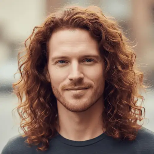 A person with long, curly hair—an example of thick hair for men—stands outdoors, dressed in a simple black t-shirt, emanating a relaxed and casual vibe.
