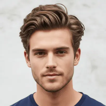 A young person with a stylish, wavy brown men's medium length hairstyle, wearing a navy blue shirt and standing against a light gray background.