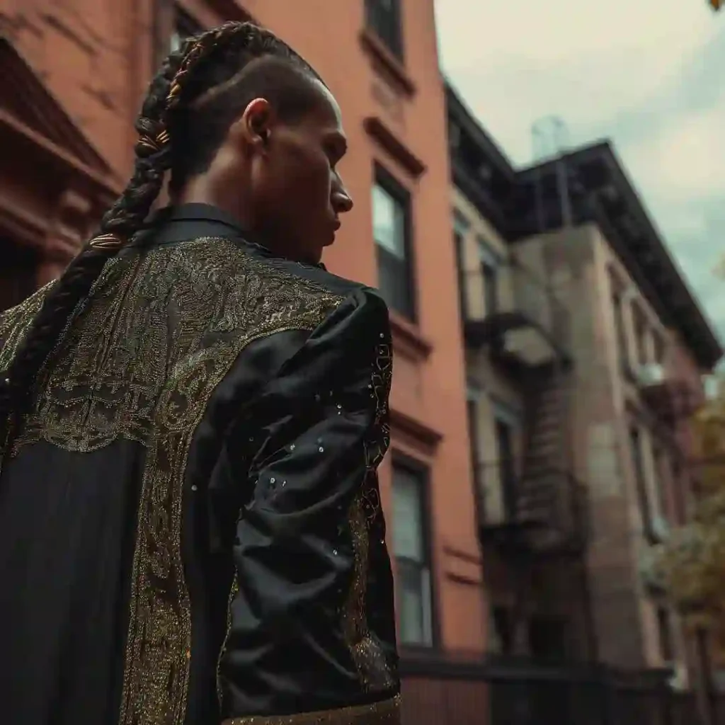 A person with a braided MEN HAIRSTYLE CORNROW wears an ornate black and gold jacket, standing in a city street surrounded by vintage buildings.
