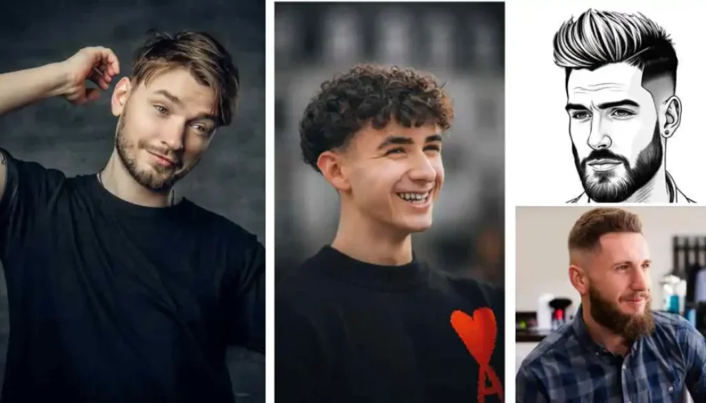 Four young men with various hairstyles and clothing styles, showcasing a range of trendy haircuts and fashion choices, including fade hairstyles for men.