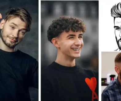 Four young men with various hairstyles and clothing styles, showcasing a range of trendy haircuts and fashion choices, including fade hairstyles for men.