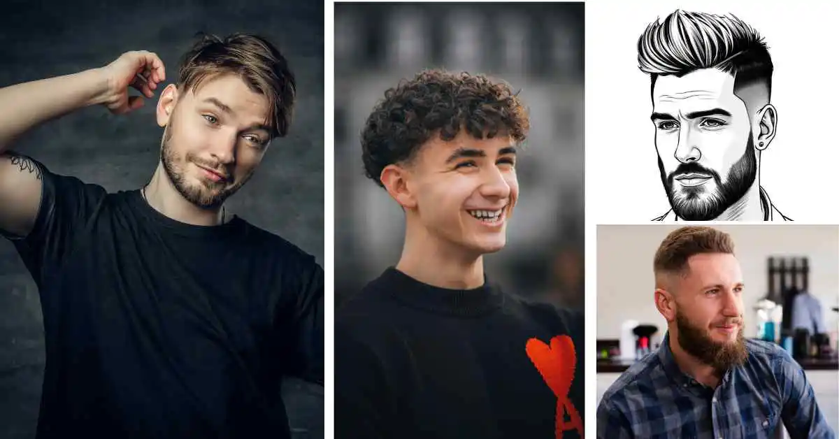 Four young men with various hairstyles and clothing styles, showcasing a range of trendy haircuts and fashion choices, including fade hairstyles for men.