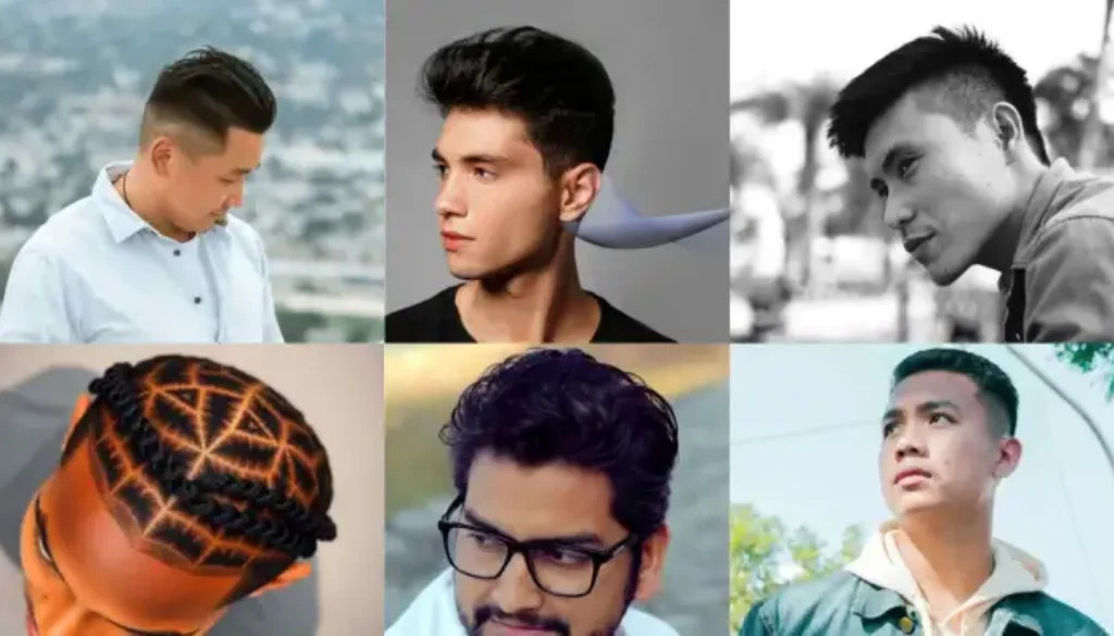 A collage featuring men hairstyles Asian, including slicked back, braided, and curly styles, set against diverse backgrounds.