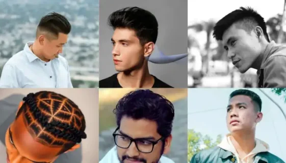 A collage featuring men hairstyles Asian, including slicked back, braided, and curly styles, set against diverse backgrounds.