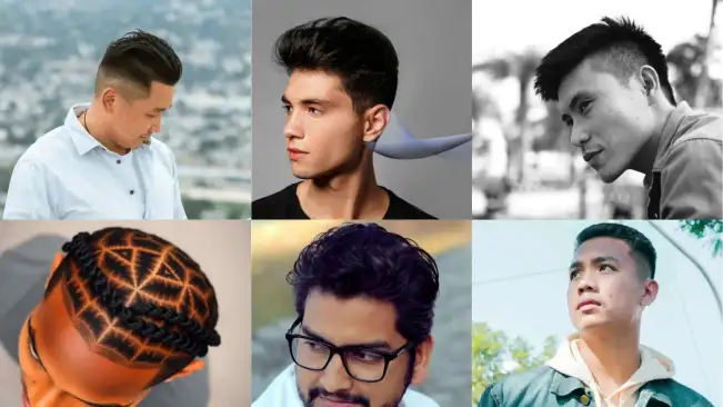 A collage featuring men hairstyles Asian, including slicked back, braided, and curly styles, set against diverse backgrounds.