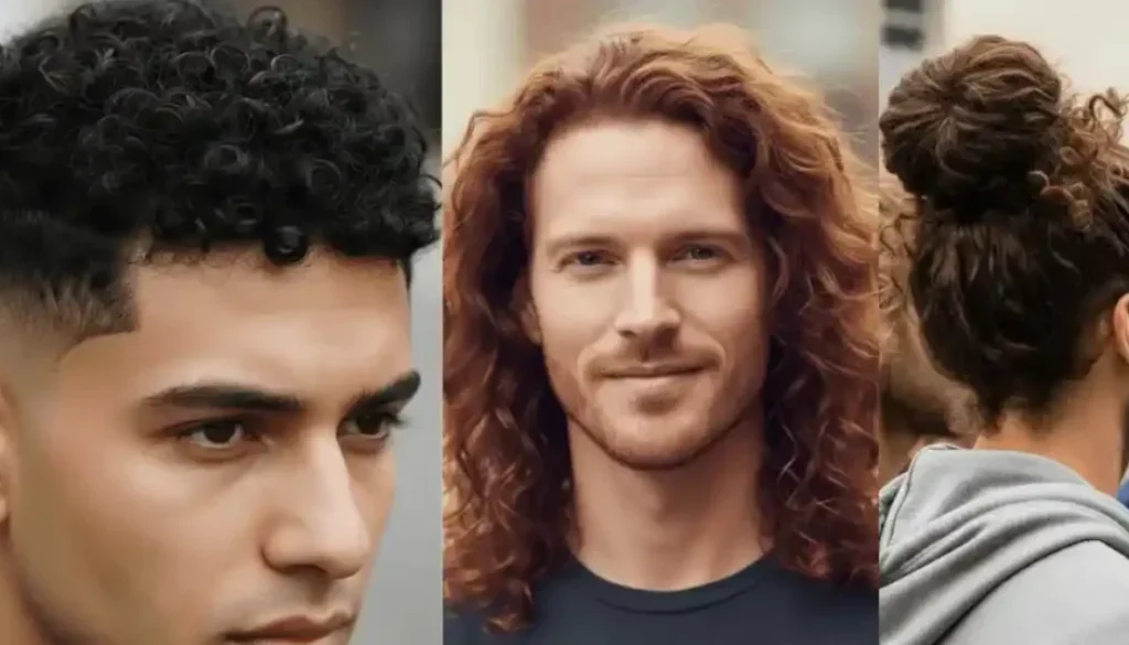 Three individuals showcasing different hairstyles: short tight curls, long wavy hair, and a messy bun, highlighting diverse curly hair textures and styles for thick hair for men.