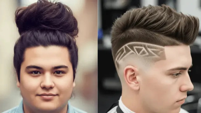 Two modern men hairstyles for round face shown side by side: a messy top bun on the left and a stylish undercut with geometric designs on the right.