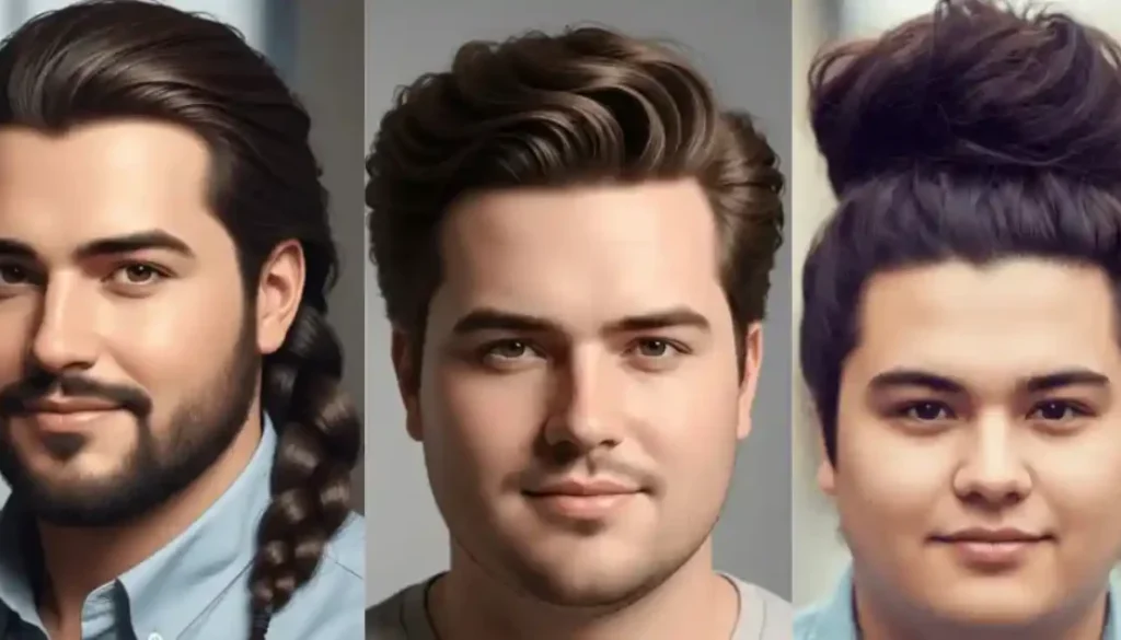Three individuals showcase distinct men hairstyles for round face: a braided ponytail, stylish curls, and a messy bun, each presenting unique looks.