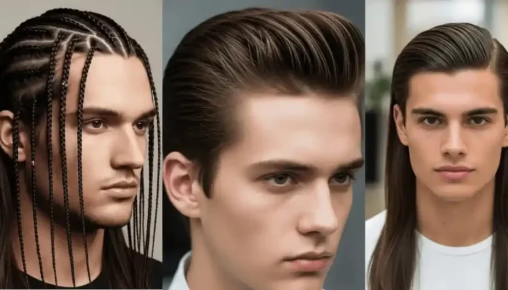 Three individuals showcase distinct young men hairstyles for straight hair: one with braids, one with a slicked-back style, and one with naturally straight hair, all set against neutral backgrounds.
