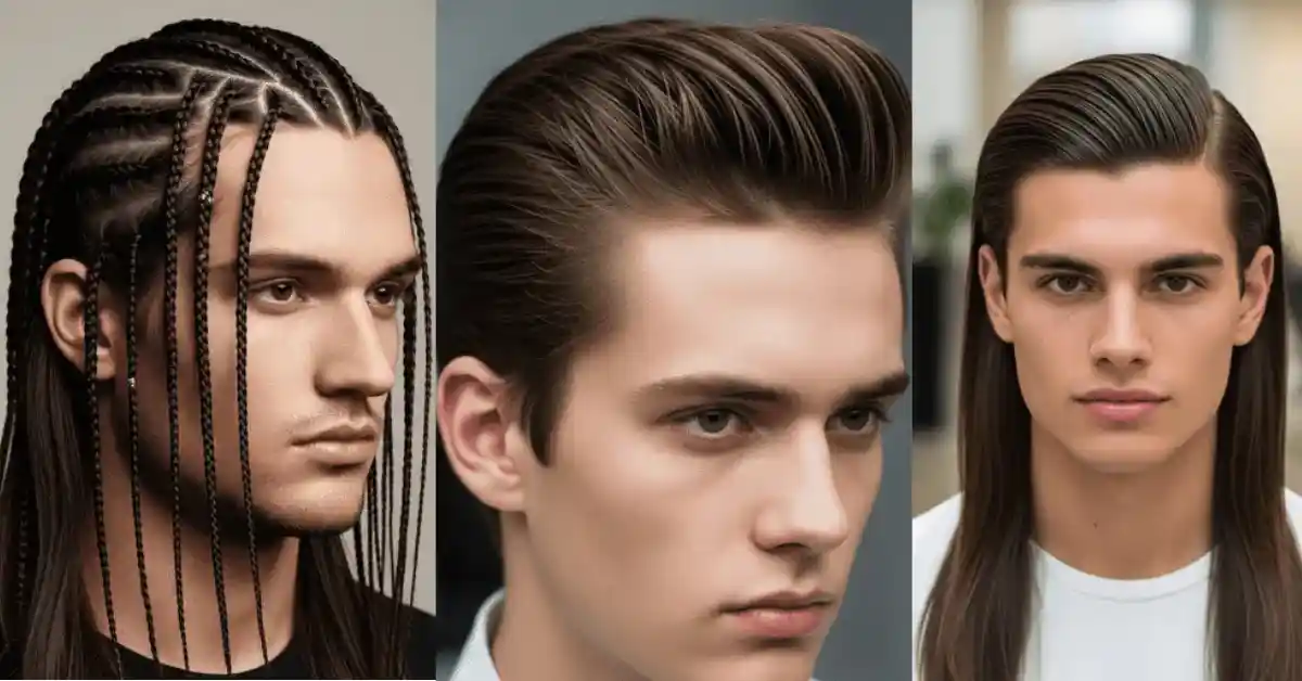 Three individuals showcase distinct young men hairstyles for straight hair: one with braids, one with a slicked-back style, and one with naturally straight hair, all set against neutral backgrounds.