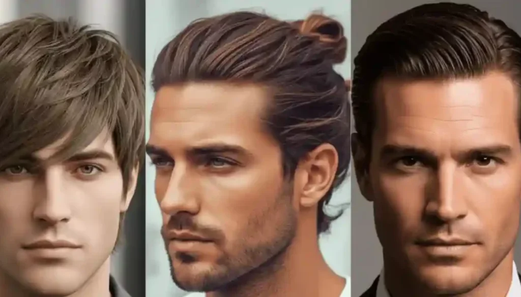 Three individuals with stylish hairstyles, including a textured short cut, a chic bun, and a sleek, slicked-back look — all showcasing variations of men's medium length hairstyle.