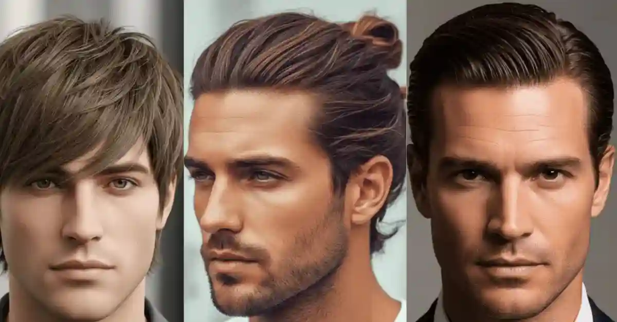 Three individuals with stylish hairstyles, including a textured short cut, a chic bun, and a sleek, slicked-back look — all showcasing variations of men's medium length hairstyle.