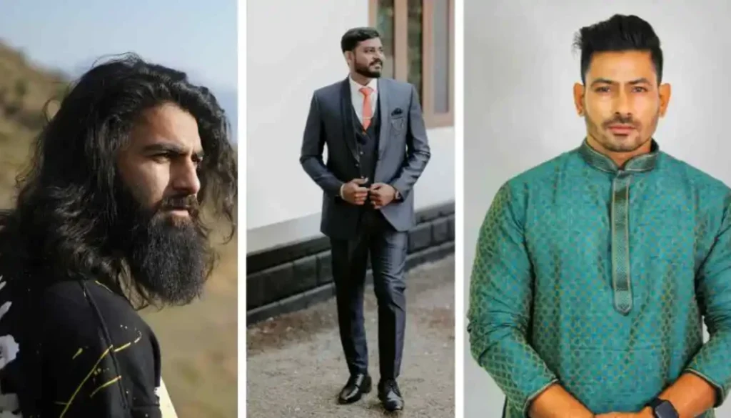 Three male figures are showcased: one with long hair in a casual setting, another in a formal suit, and the last in a traditional outfit. Men hairstyles Indian.