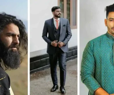 Three male figures are showcased: one with long hair in a casual setting, another in a formal suit, and the last in a traditional outfit. Men hairstyles Indian.