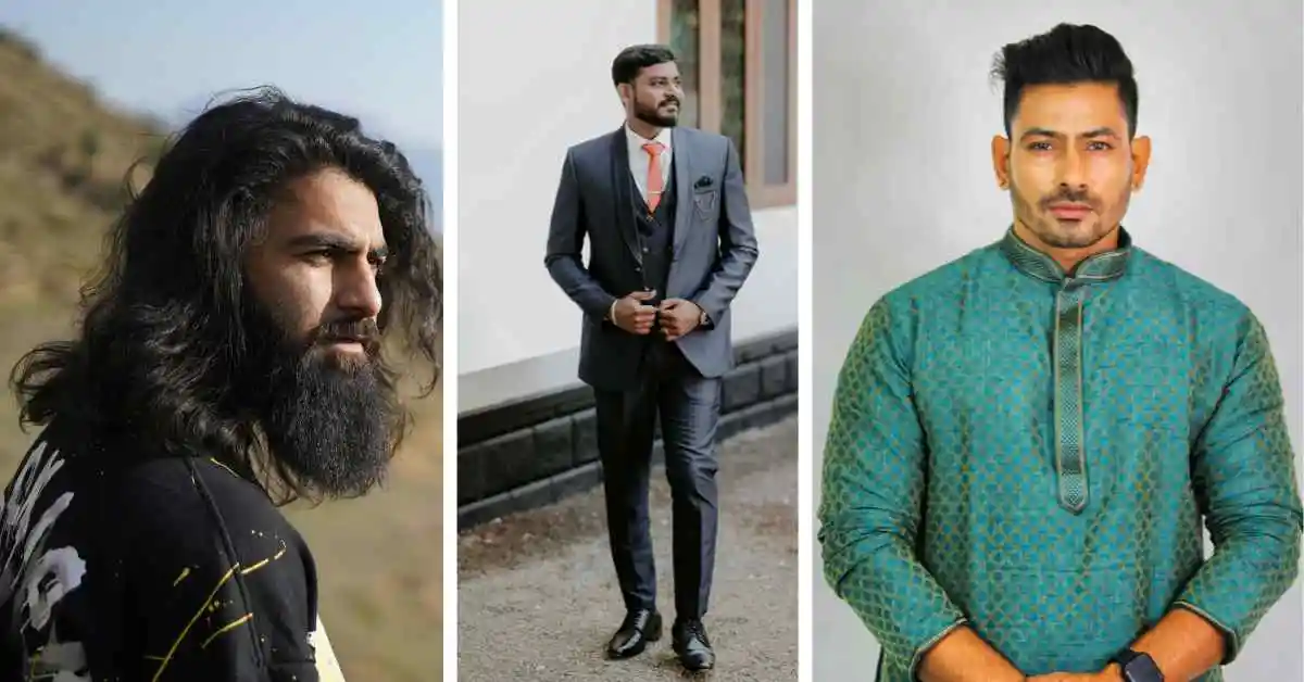 Three male figures are showcased: one with long hair in a casual setting, another in a formal suit, and the last in a traditional outfit. Men hairstyles Indian.