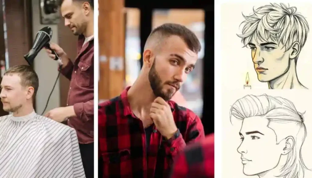 A hairdresser styles a client's hair with a blow dryer, while two illustrated hairstyle options are displayed alongside, featuring men's medium-length hairstyles, offering stylish alternatives for the client.