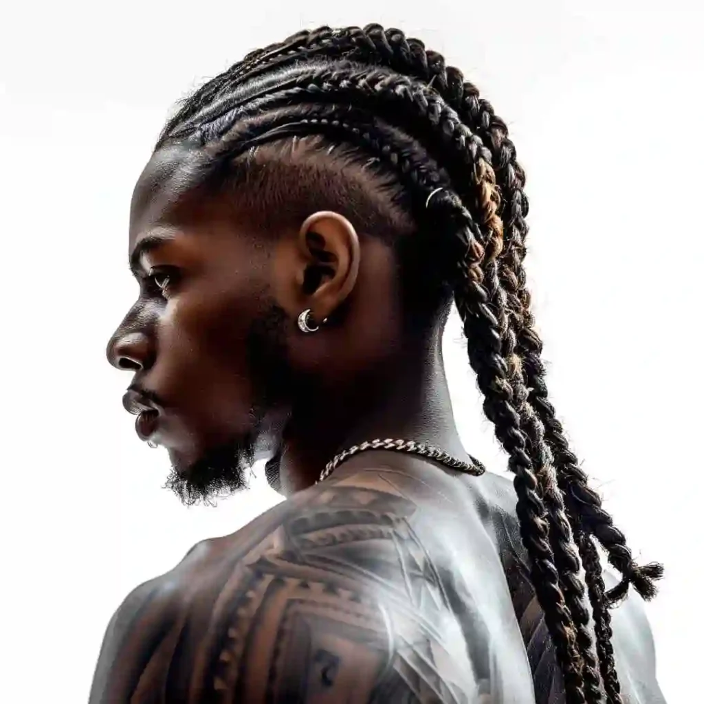 The Ultimate Guide to Men Hairstyles Cornrow- Sizzling Styles of Braided Looks 4 A person showcasing a MEN HAIRSTYLE CORNROW with braided hair and a detailed tattoo on their shoulder, wearing earrings and a chain necklace, against a white background.
