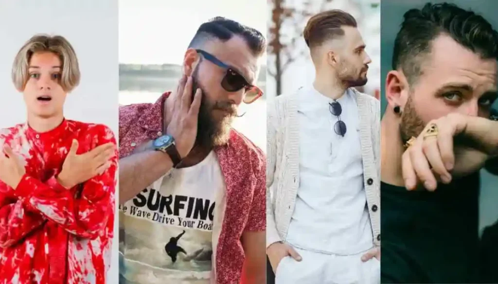 Four young men are posing in various fashionable outfits, showcasing diverse styles and expressions against different backgrounds. Each man is sporting a trendy summer hairstyle for men, adding a fresh and stylish touch to their looks.