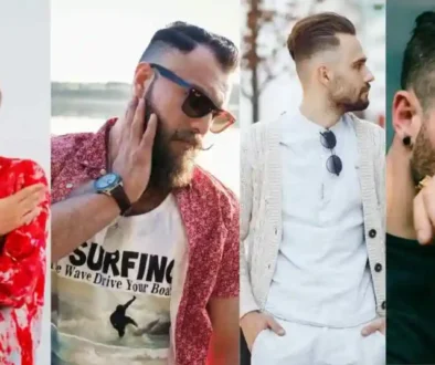 Four young men are posing in various fashionable outfits, showcasing diverse styles and expressions against different backgrounds. Each man is sporting a trendy summer hairstyle for men, adding a fresh and stylish touch to their looks.