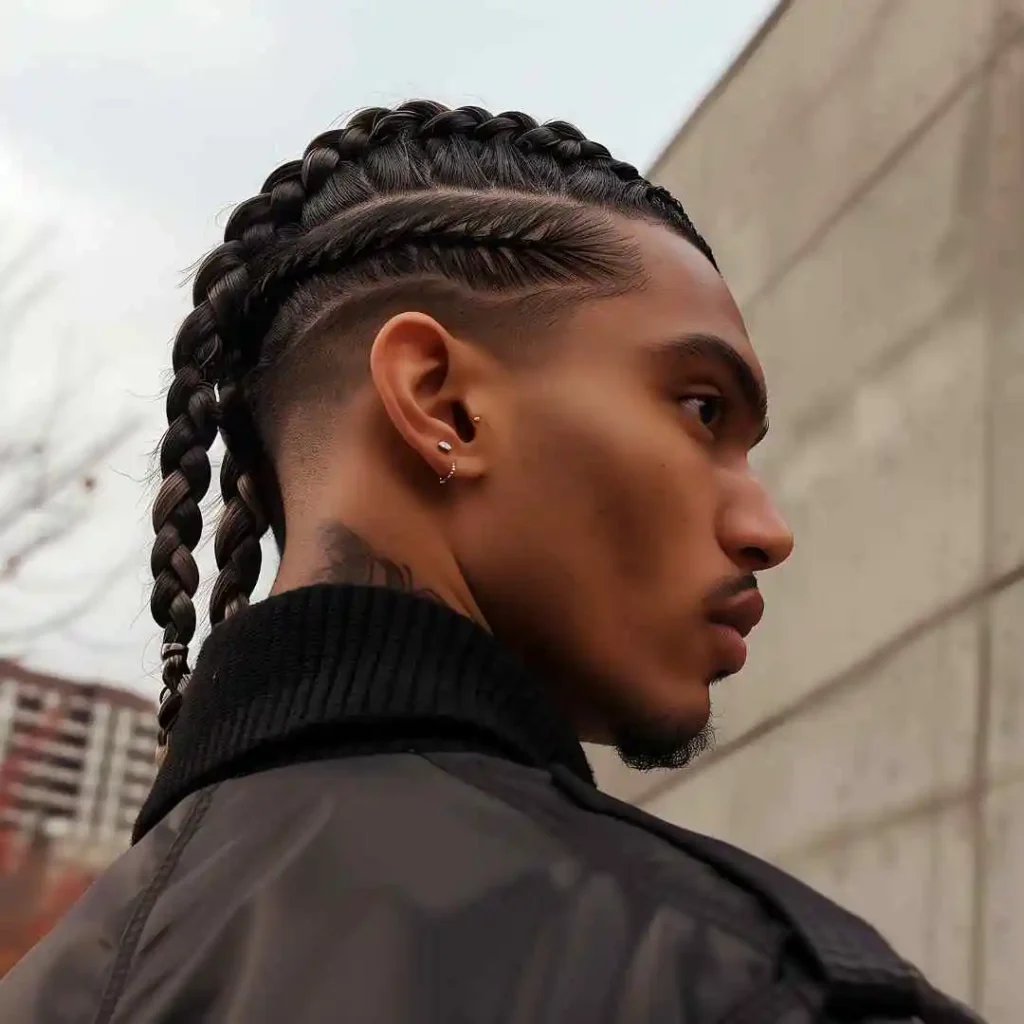 The Ultimate Guide to Men Hairstyles Cornrow- Sizzling Styles of Braided Looks 1 Person with an intricate MEN HAIRSTYLE CORNROW and piercings, wearing a black jacket, posed against a textured concrete wall.