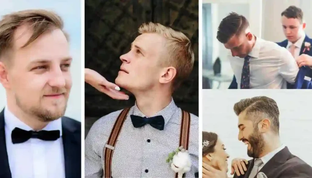 A collage of dapper men in formal wear, showcasing various stylish outfits and joyful moments at weddings and celebrations. The men are also sporting diverse, fashionable wedding hairstyles for men, complementing their sophisticated looks.