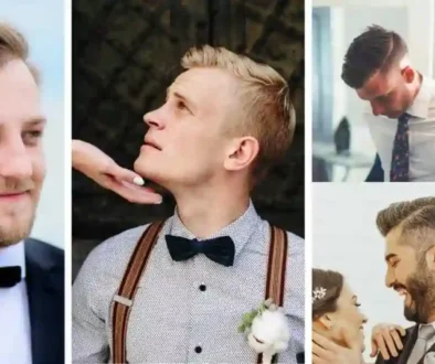 A collage of dapper men in formal wear, showcasing various stylish outfits and joyful moments at weddings and celebrations. The men are also sporting diverse, fashionable wedding hairstyles for men, complementing their sophisticated looks.