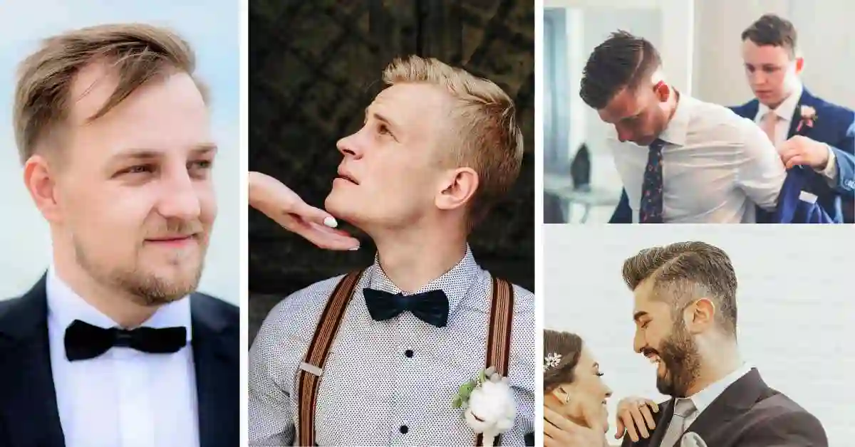 A collage of dapper men in formal wear, showcasing various stylish outfits and joyful moments at weddings and celebrations. The men are also sporting diverse, fashionable wedding hairstyles for men, complementing their sophisticated looks.