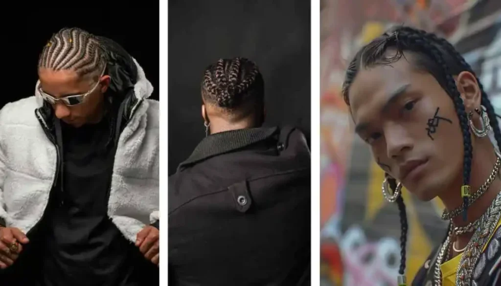 Three individuals showcase stylish braided hairstyles, including men hairstyles cornrow, from different angles, wearing diverse outfits against varied backgrounds.