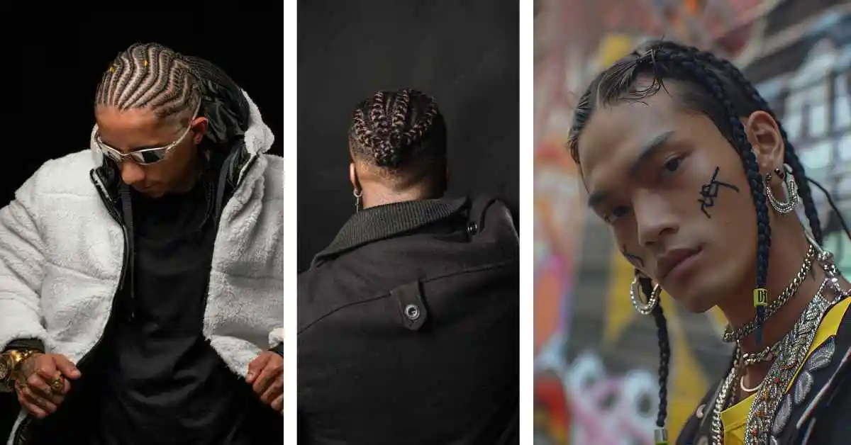 Three individuals showcase stylish braided hairstyles, including men hairstyles cornrow, from different angles, wearing diverse outfits against varied backgrounds.
