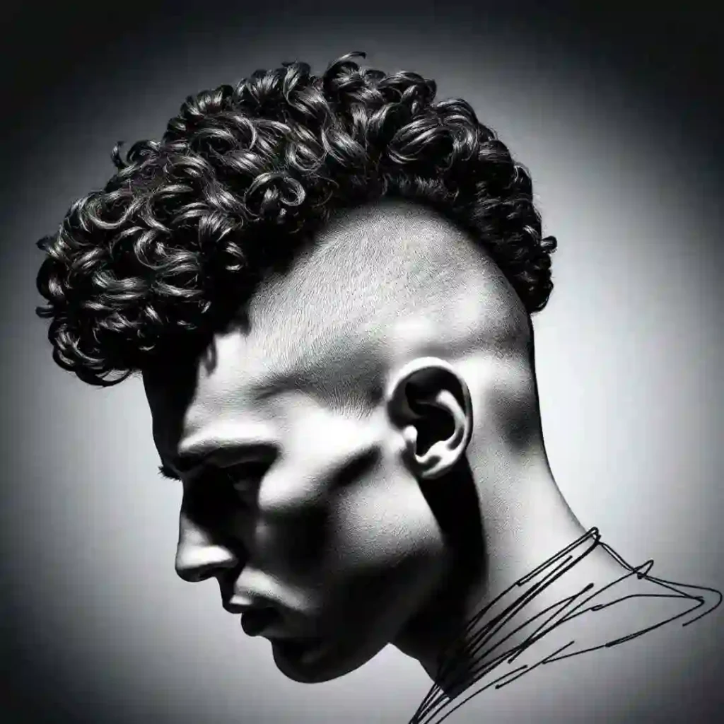 A close-up of a person's head showcasing Men Hairstyles Curls, featuring a stylishly shaped head with voluminous, tight black curls on top and a closely shaved side.