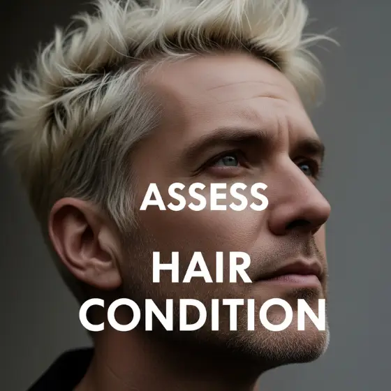 Portrait of a person with spiky blonde hair, representing bleached hairstyles men, gazing upwards. Bold text reads 'Assess Hair Condition.' The image conveys focus and contemplation.