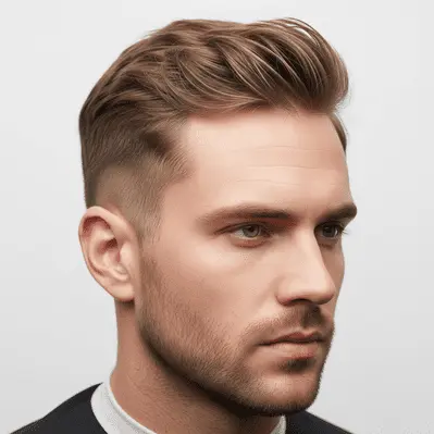 A stylish growing hair out hairstyle featuring voluminous, textured top hair and a clean, faded side, set against a neutral backdrop.