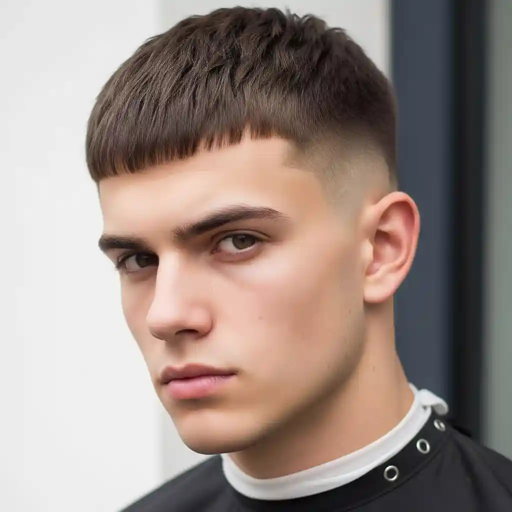 Ultimate Guide to Men's Hairstyles for Straight Hair in 2025 1 A young man with a short, styled haircut is wearing a black hairdressing cape, posed against a light gray background, showcasing Young Men Hairstyles Straight Hair.